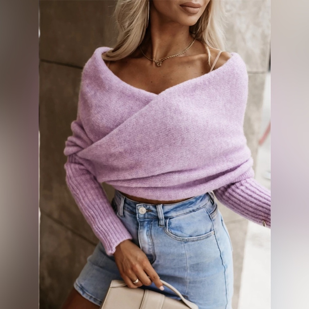 Elegant Long Sleeve Cropped Knit Top purple